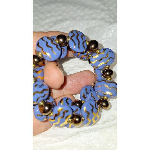 Art Glass Memory Wire Wrap Bracelet Chunky Blue Ceramic And Metal Elegant - Picture 4 of 6